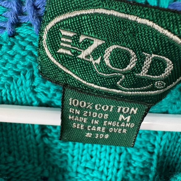 Vintage 80s 90s Izod Size Medium Cable Knit Tennis Sweater Teal Diamond V-Neck - Picture 3 of 6